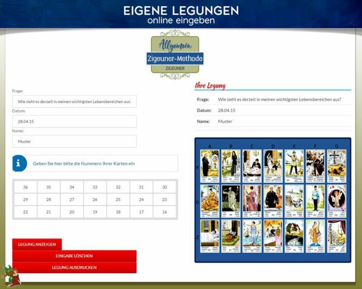 Zigeunerkarten eigene Legung online - Zigeunermethode Vergangenheit - Gegenwart - Zukunft